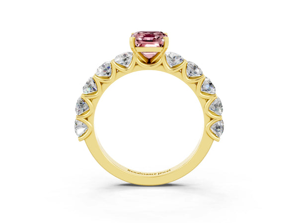 Yellow gold Emerald Cut Morganite Prong Setting with Side Stones on a Pave Band