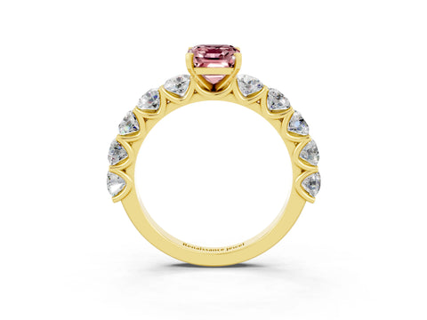 Yellow gold Emerald Cut Morganite Prong Setting with Side Stones on a Pave Band_3