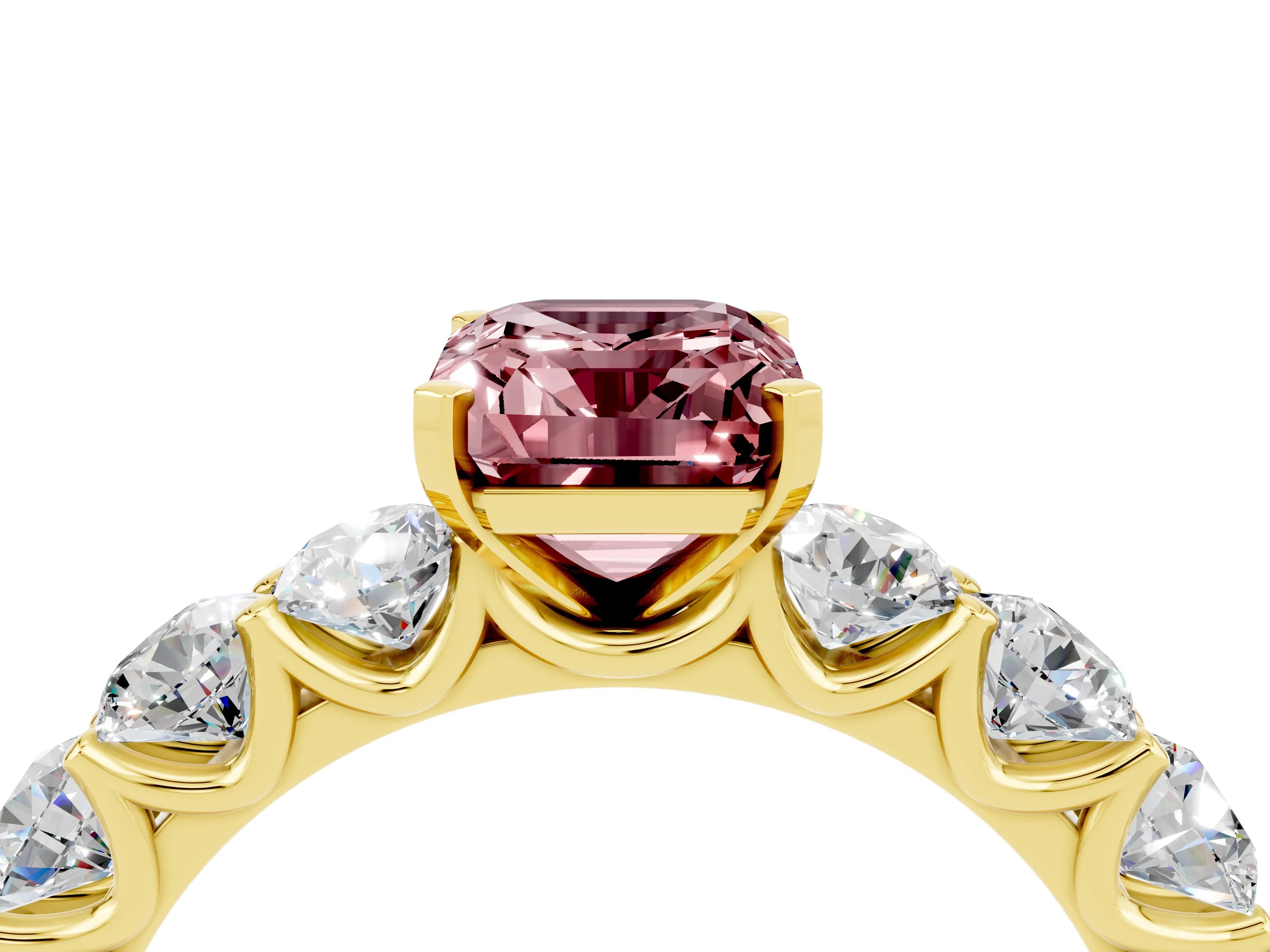 Yellow gold Emerald Cut Morganite Prong Setting with Side Stones on a Pave Band_4