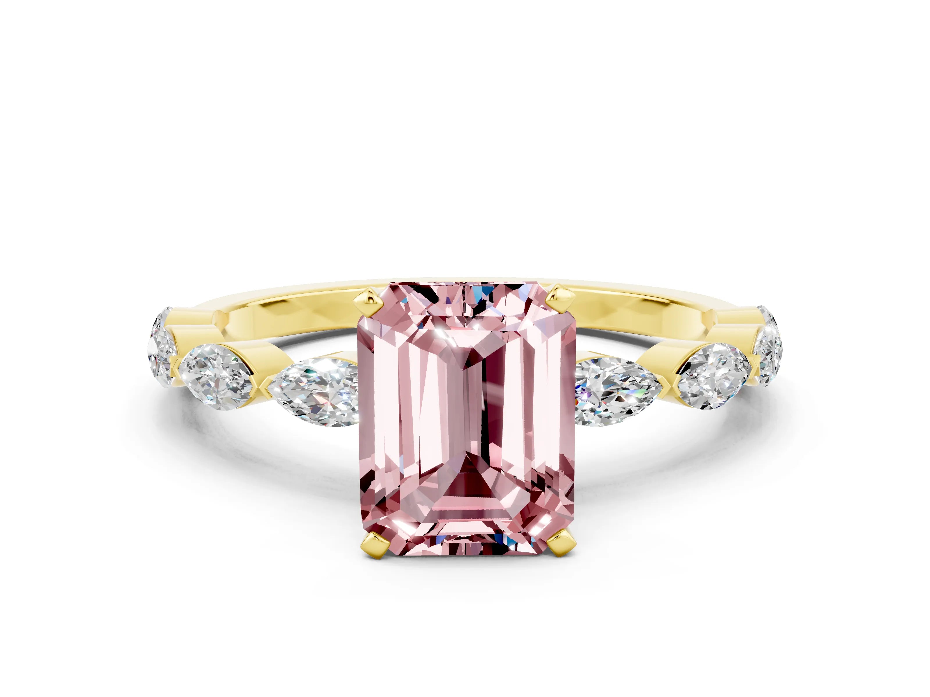 Yellow gold Emerald Cut Morganite Ring with Marquise Side Stones and Prong Setting