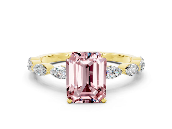 Yellow gold Emerald Cut Morganite Ring with Marquise Side Stones and Prong Setting