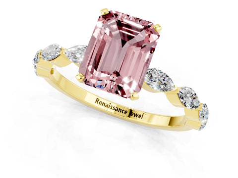 Yellow gold Emerald Cut Morganite Ring with Marquise Side Stones and Prong Setting_1
