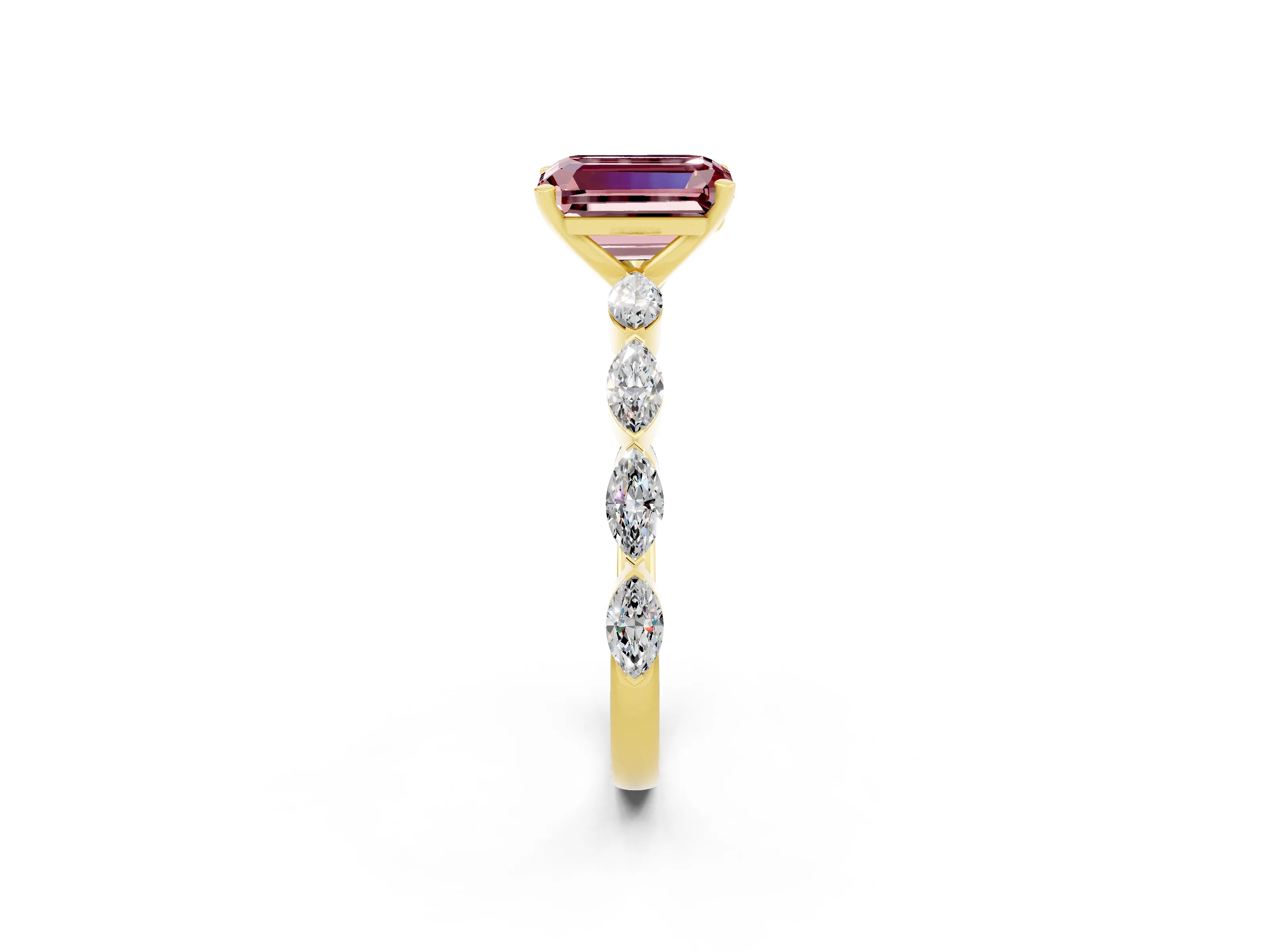 Yellow gold Emerald Cut Morganite Ring with Marquise Side Stones and Prong Setting_2