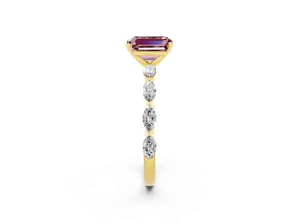 Yellow gold Emerald Cut Morganite Ring with Marquise Side Stones and Prong Setting