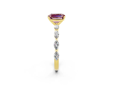 Yellow gold Emerald Cut Morganite Ring with Marquise Side Stones and Prong Setting_2