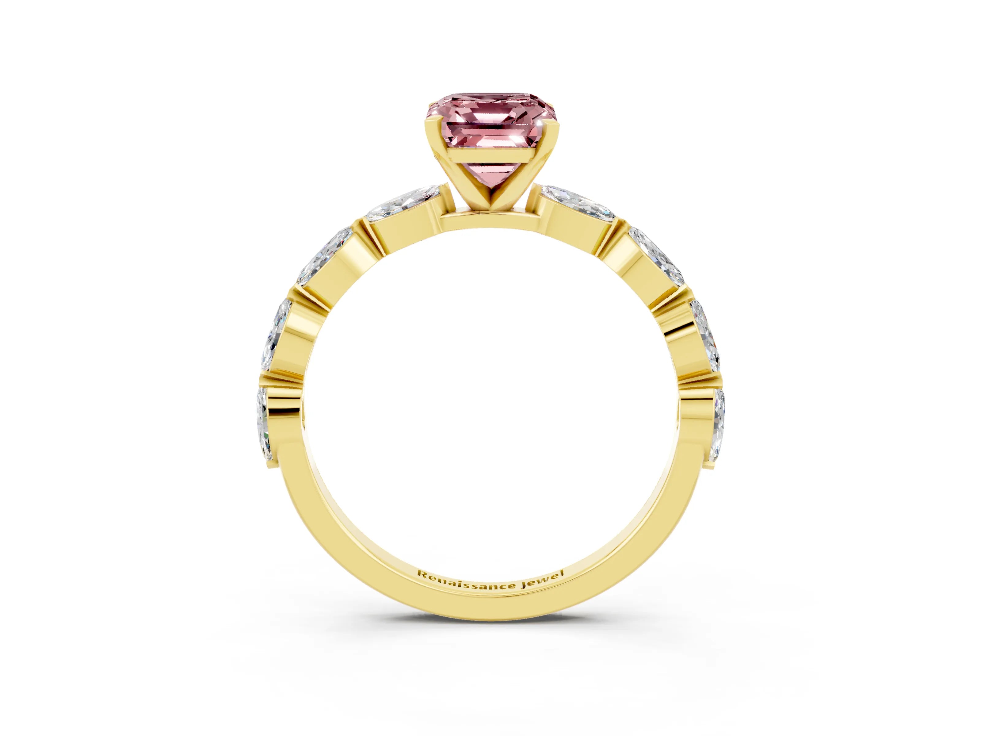 Yellow gold Emerald Cut Morganite Ring with Marquise Side Stones and Prong Setting_3