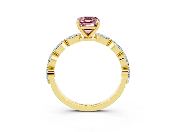 Yellow gold Emerald Cut Morganite Ring with Marquise Side Stones and Prong Setting