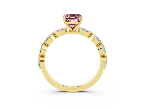 Yellow gold Emerald Cut Morganite Ring with Marquise Side Stones and Prong Setting_3