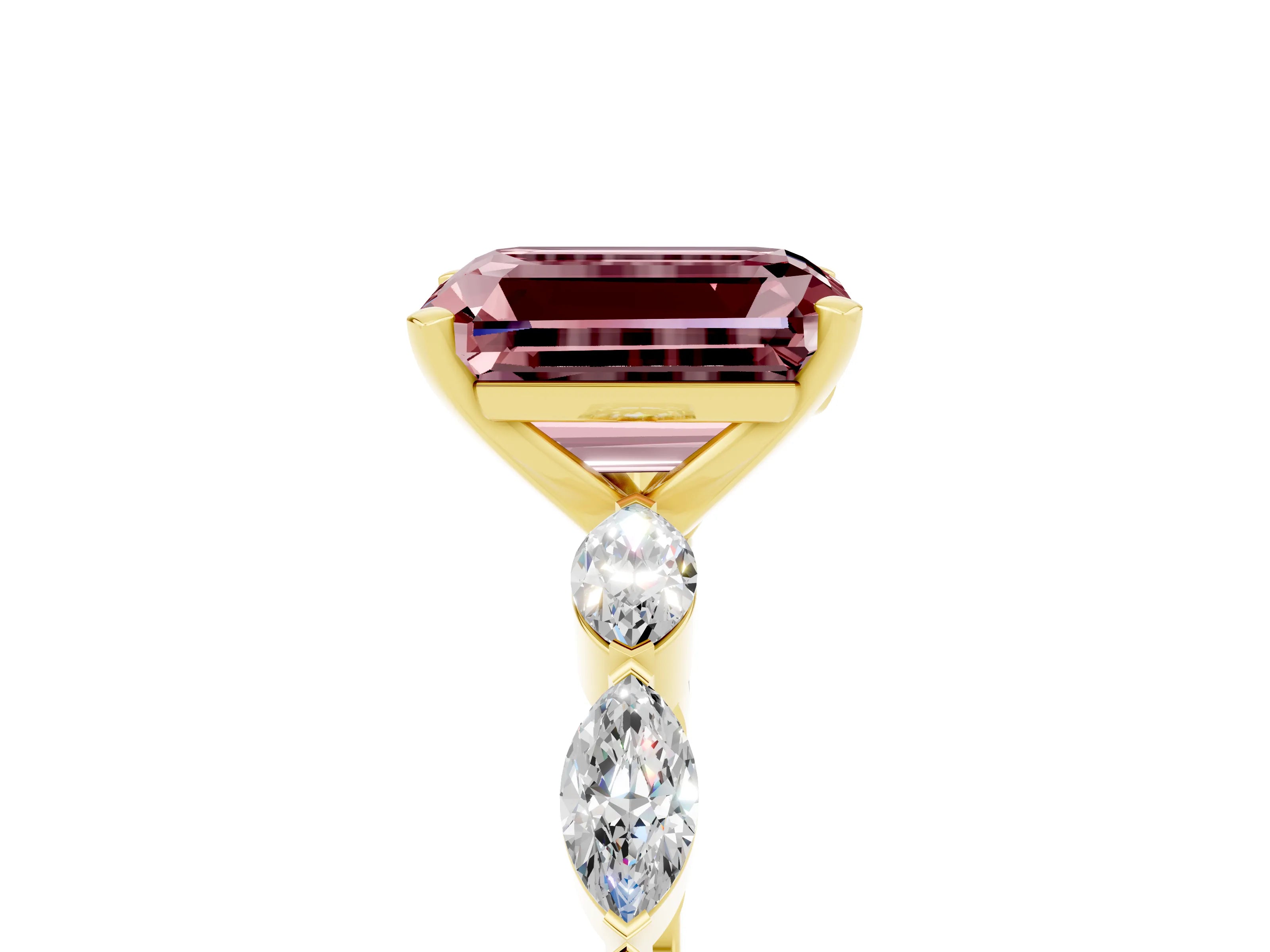 Yellow gold Emerald Cut Morganite Ring with Marquise Side Stones and Prong Setting_5