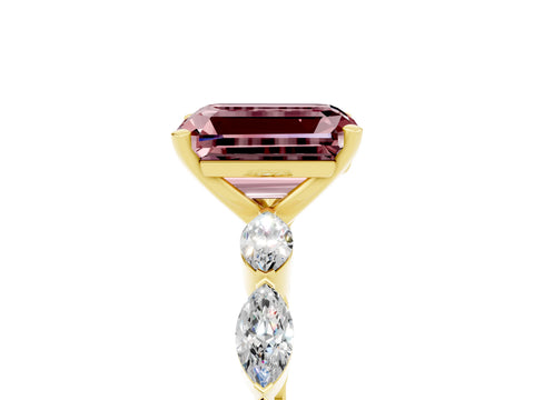 Yellow gold Emerald Cut Morganite Ring with Marquise Side Stones and Prong Setting_5