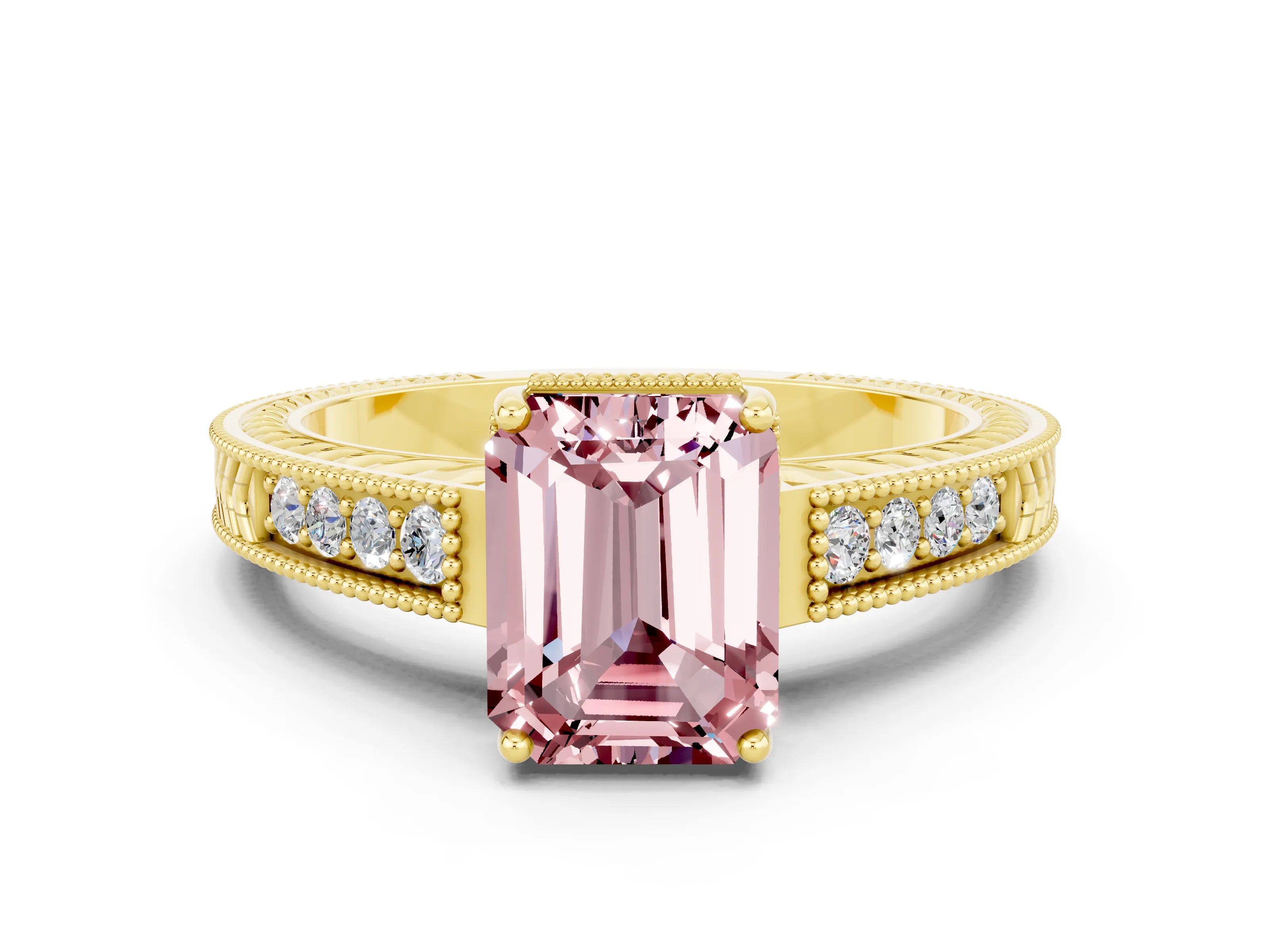 Yellow gold Emerald Cut Morganite Ring with Milgrain Pavé Band and Four-Prong Setting_12