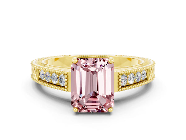 Yellow gold Emerald Cut Morganite Ring with Milgrain Pavé Band and Four-Prong Setting