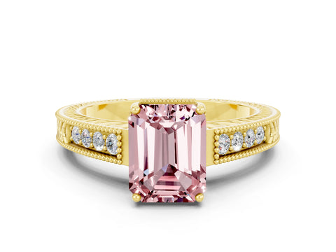 Yellow gold Emerald Cut Morganite Ring with Milgrain Pavé Band and Four-Prong Setting_12