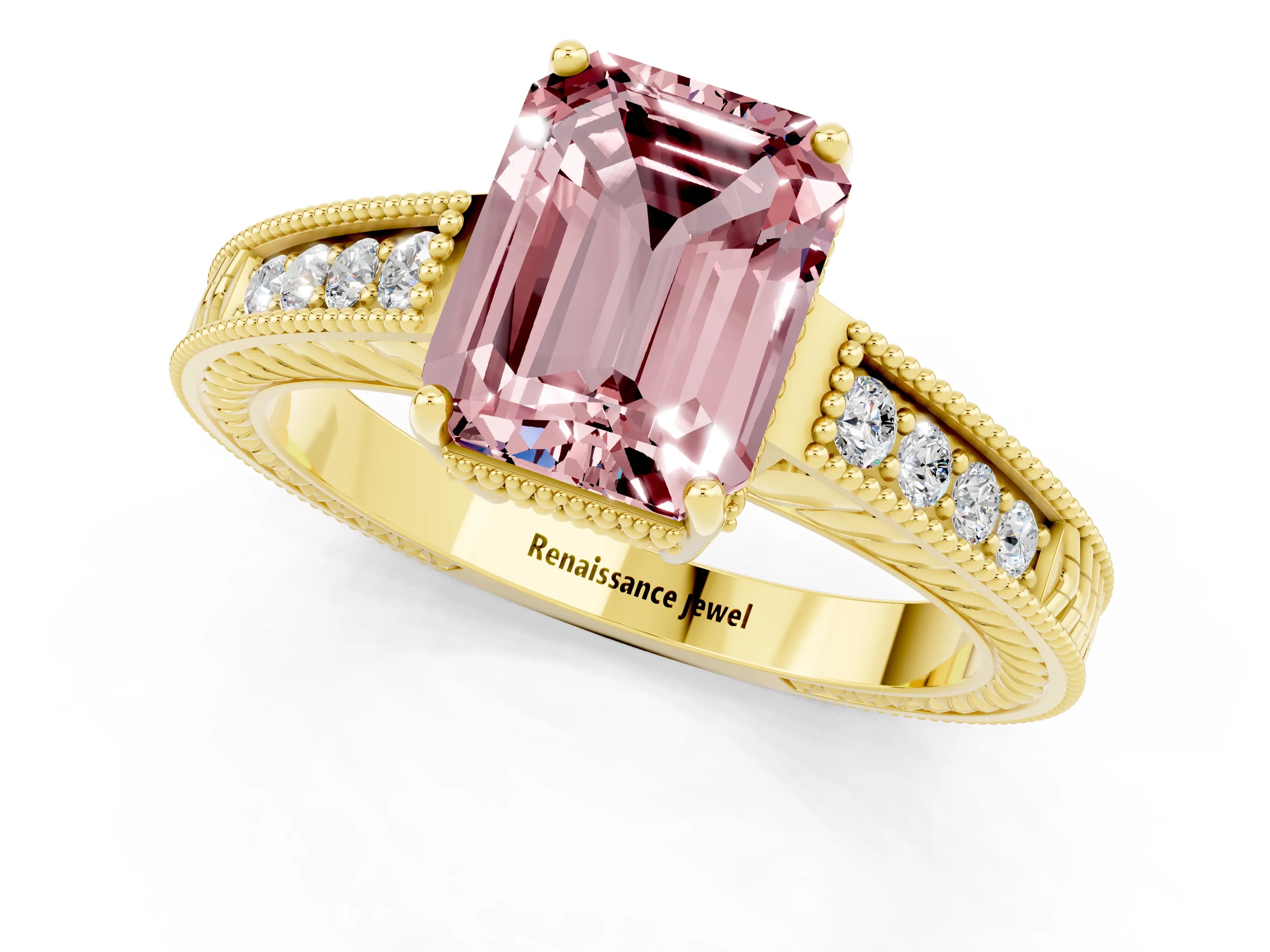 Yellow gold Emerald Cut Morganite Ring with Milgrain Pavé Band and Four-Prong Setting_13