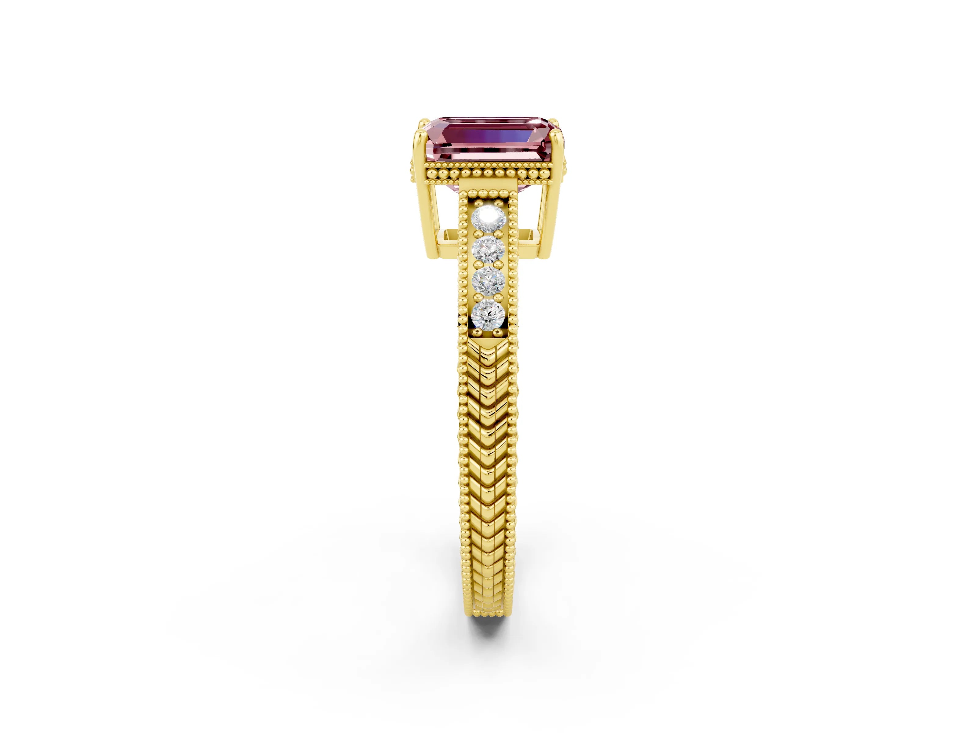 Yellow gold Emerald Cut Morganite Ring with Milgrain Pavé Band and Four-Prong Setting_14