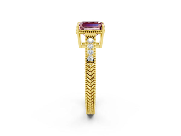 Yellow gold Emerald Cut Morganite Ring with Milgrain Pavé Band and Four-Prong Setting