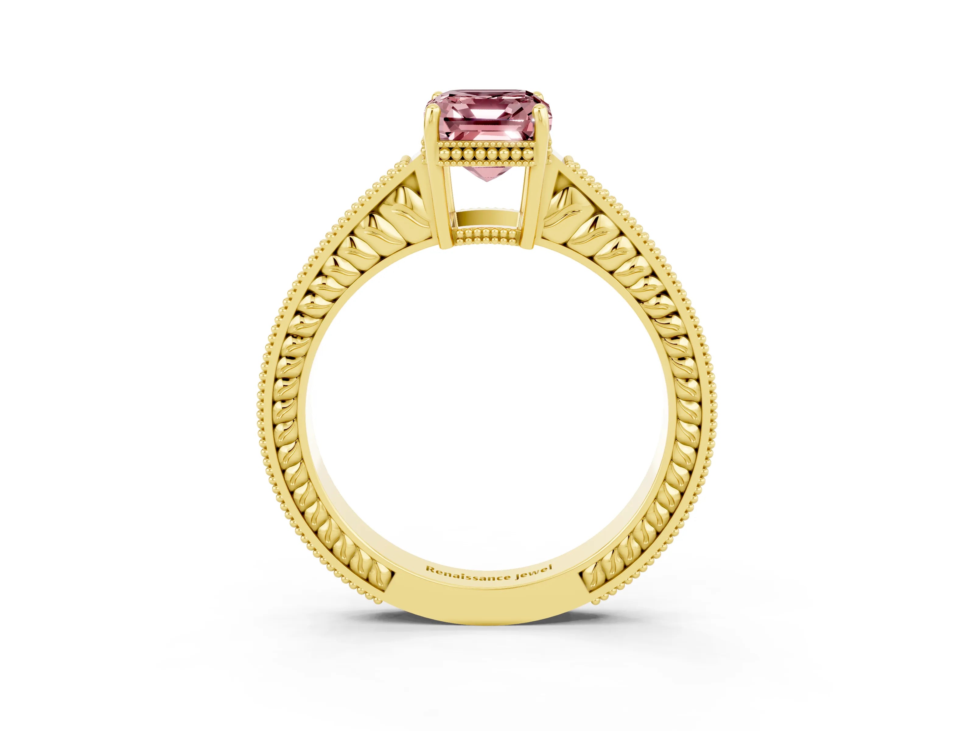 Yellow gold Emerald Cut Morganite Ring with Milgrain Pavé Band and Four-Prong Setting_15
