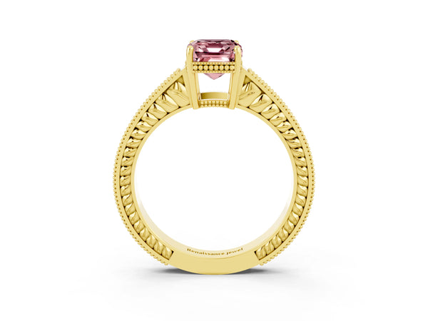 Yellow gold Emerald Cut Morganite Ring with Milgrain Pavé Band and Four-Prong Setting