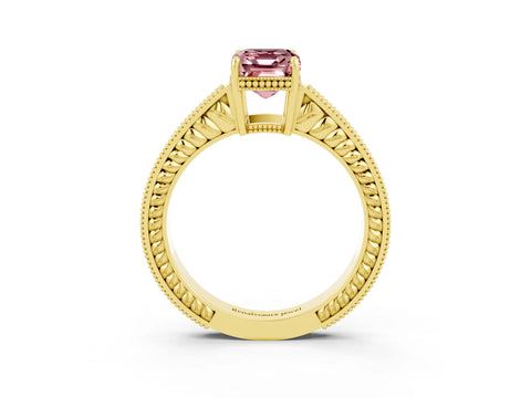 Yellow gold Emerald Cut Morganite Ring with Milgrain Pavé Band and Four-Prong Setting_15