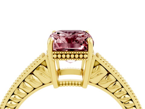 Yellow gold Emerald Cut Morganite Ring with Milgrain Pavé Band and Four-Prong Setting_16