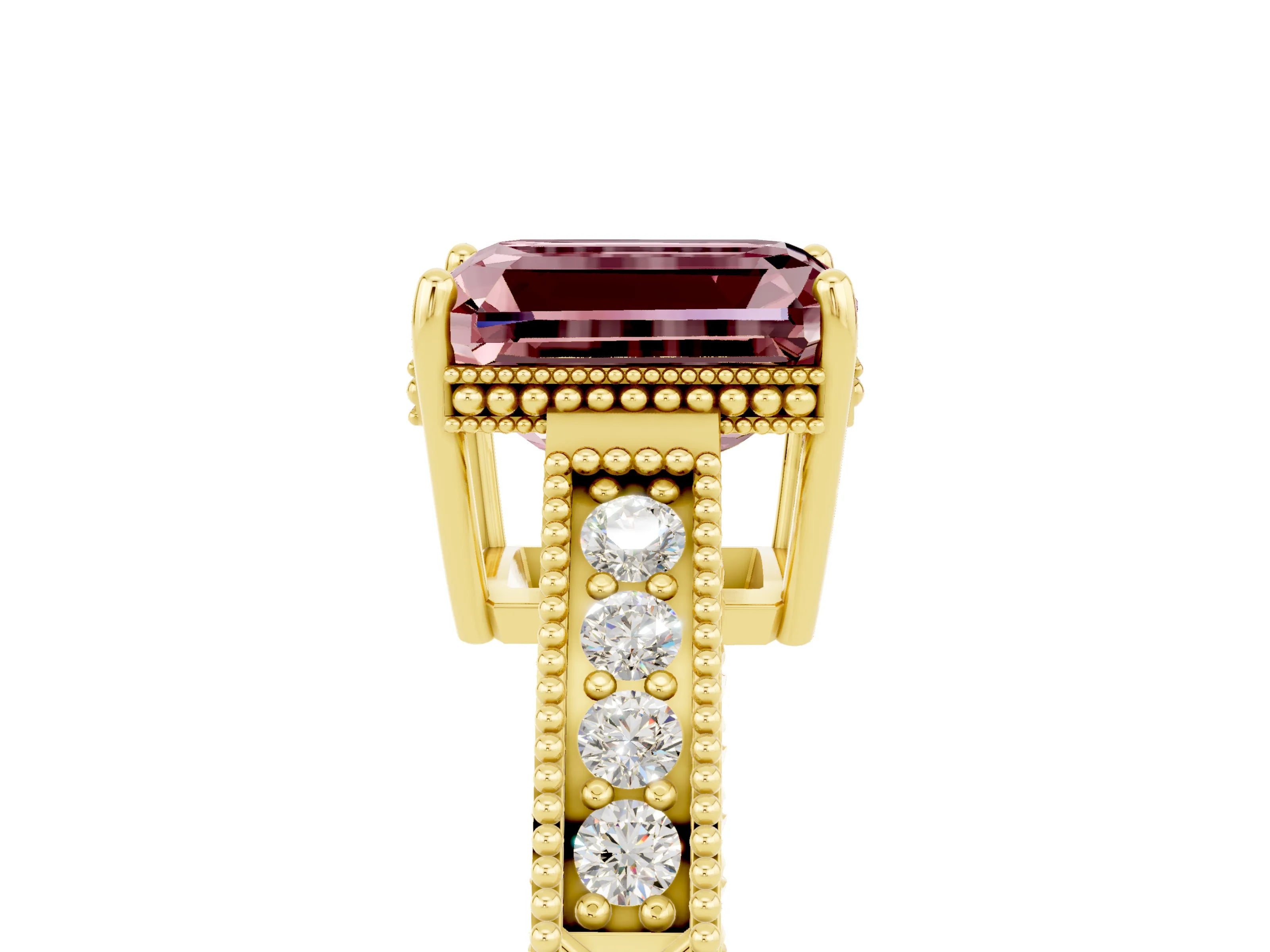 Yellow gold Emerald Cut Morganite Ring with Milgrain Pavé Band and Four-Prong Setting_17