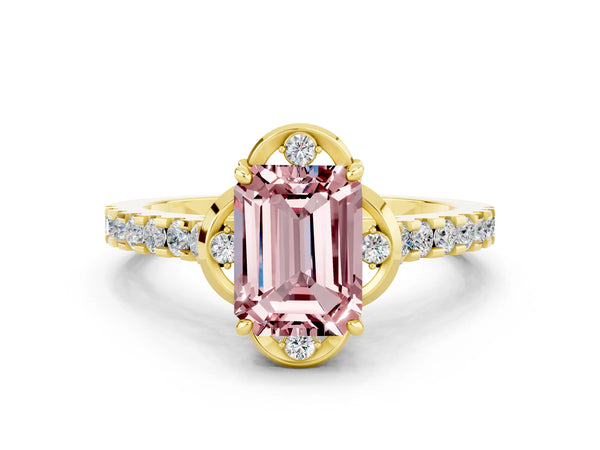 Yellow gold Emerald Cut Morganite Ring with Pavé Band and Floral Prong Setting
