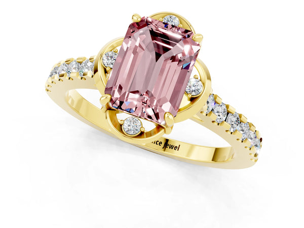 Yellow gold Emerald Cut Morganite Ring with Pavé Band and Floral Prong Setting
