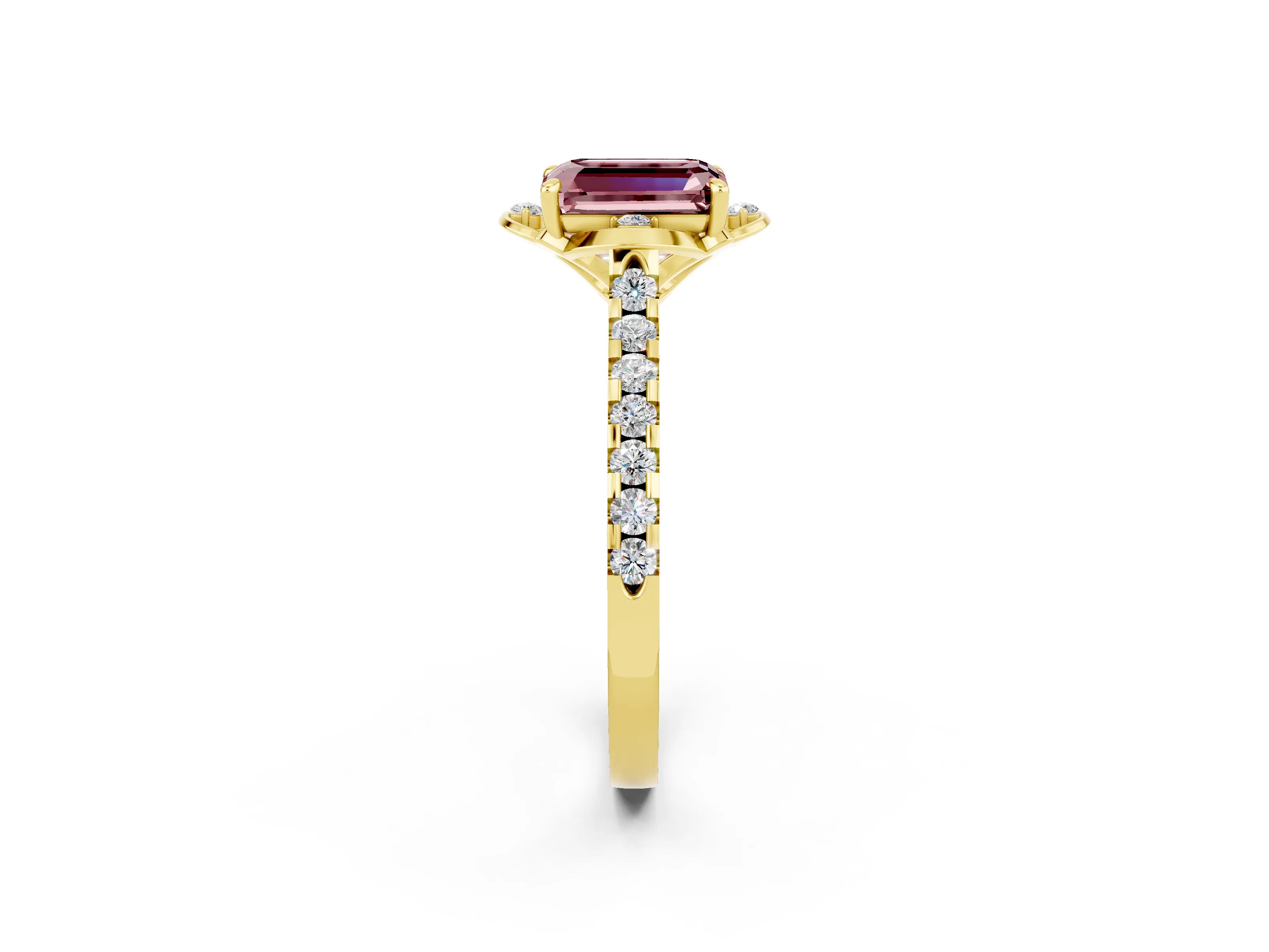 Yellow gold Emerald Cut Morganite Ring with Pavé Band and Floral Prong Setting_2