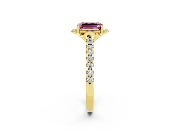 Yellow gold Emerald Cut Morganite Ring with Pavé Band and Floral Prong Setting