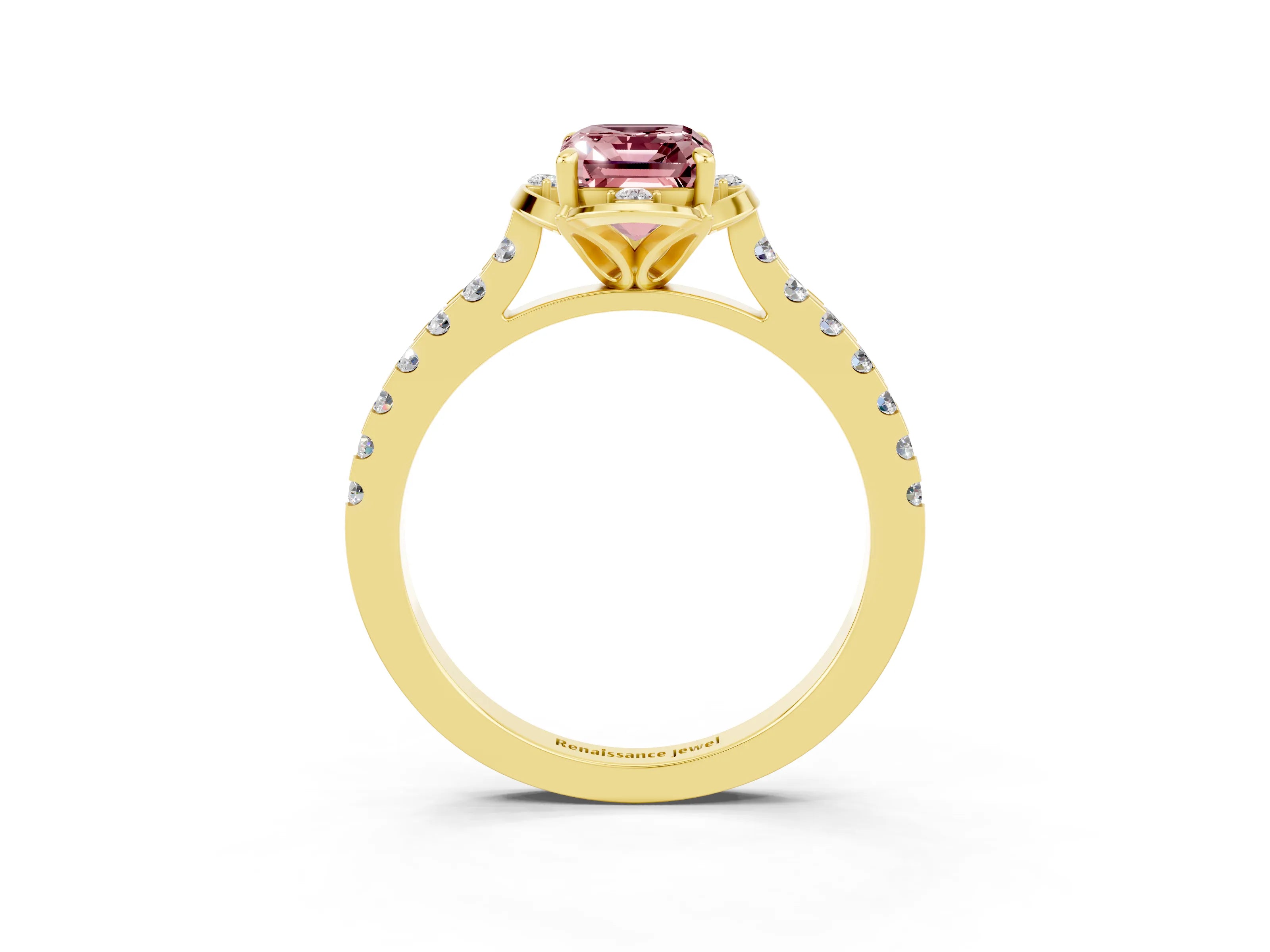 Yellow gold Emerald Cut Morganite Ring with Pavé Band and Floral Prong Setting_3