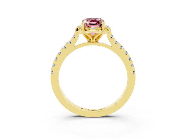 Yellow gold Emerald Cut Morganite Ring with Pavé Band and Floral Prong Setting