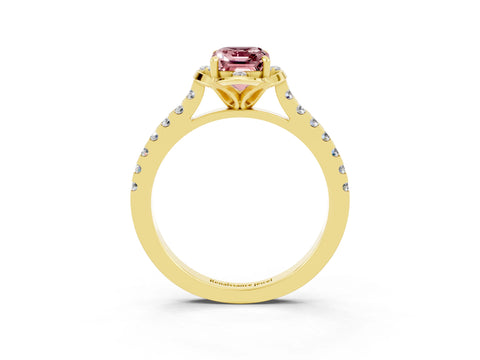 Yellow gold Emerald Cut Morganite Ring with Pavé Band and Floral Prong Setting_3