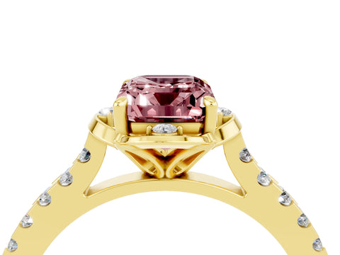 Yellow gold Emerald Cut Morganite Ring with Pavé Band and Floral Prong Setting_4