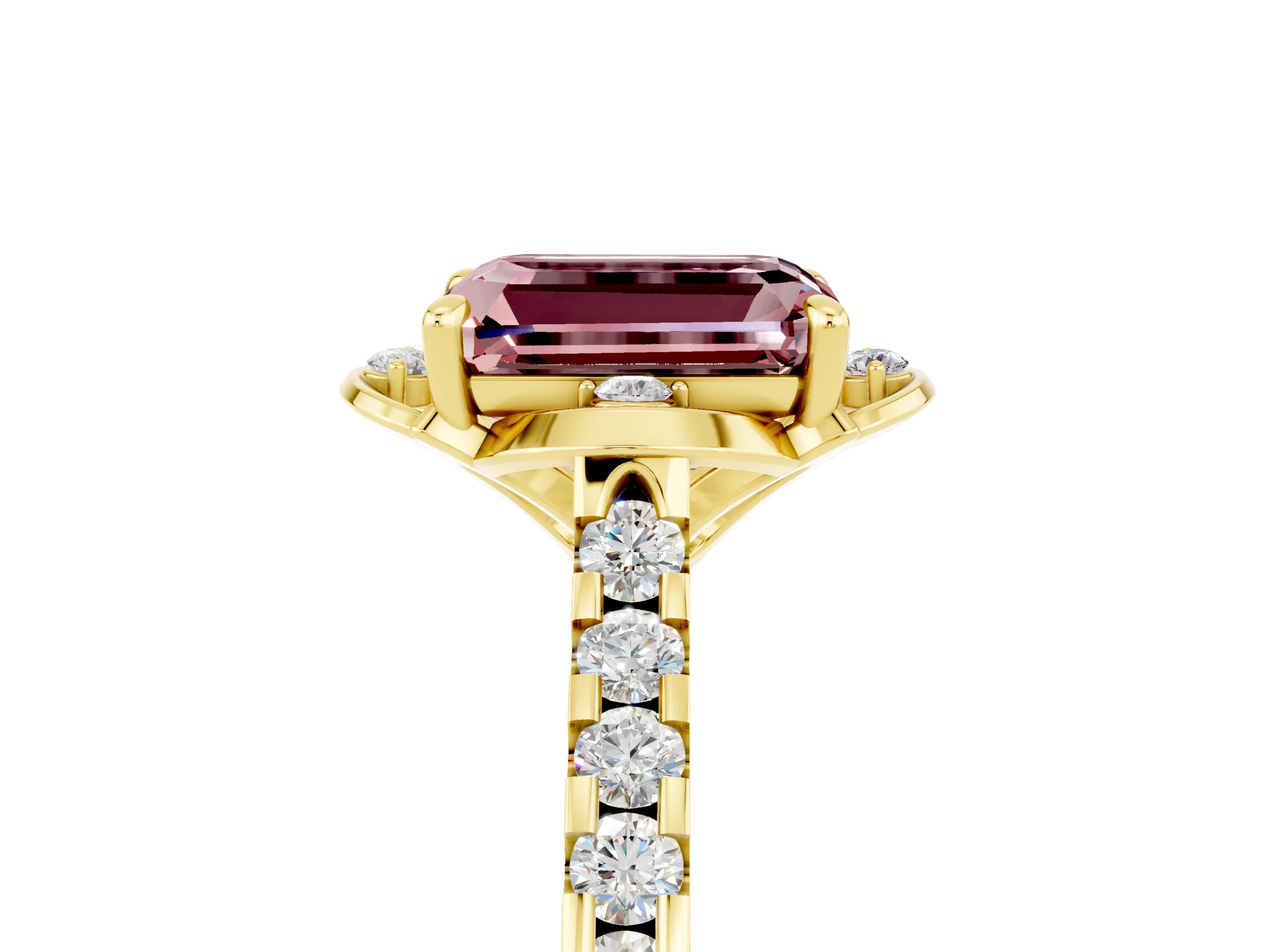 Yellow gold Emerald Cut Morganite Ring with Pavé Band and Floral Prong Setting_5