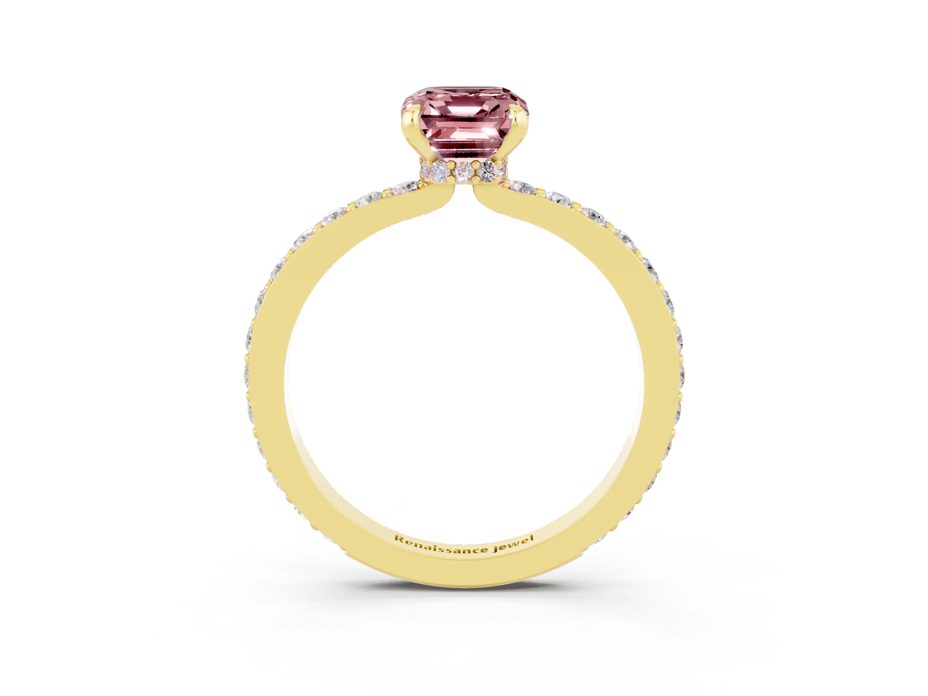 Yellow gold Emerald Cut Morganite Ring with Pavé Band and Four-Prong Setting_3