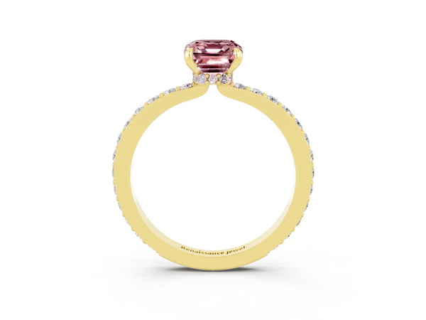Yellow gold Emerald Cut Morganite Pavé Engagement Ring with Round  Accents and Prong Setting