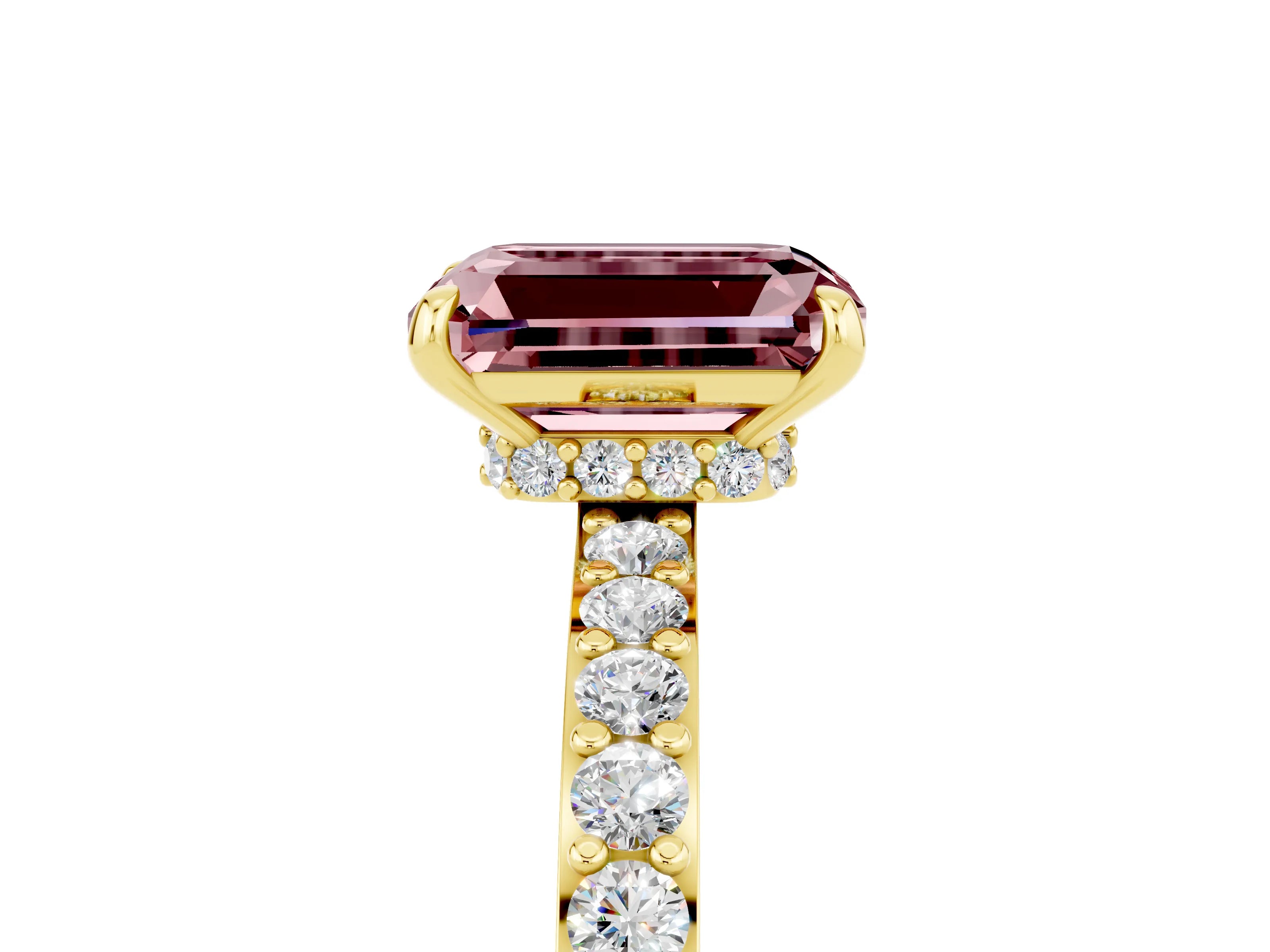 Yellow gold Emerald Cut Morganite Ring with Pavé Band and Four-Prong Setting_5