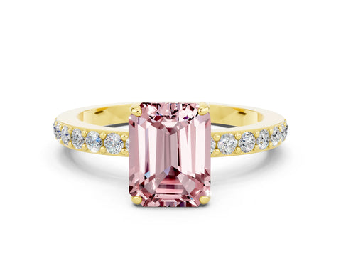 Yellow gold Emerald Cut Morganite Ring with Pavé Band and Four-Prong Setting