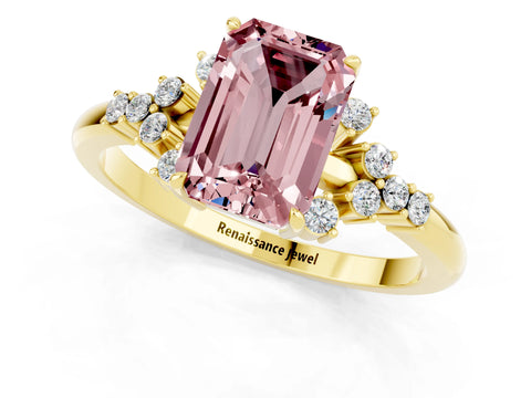 Yellow gold Emerald Cut Morganite Ring with Side Stones and Four-Prong Setting_37