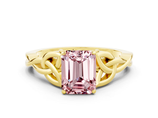 Yellow gold Emerald Cut Morganite Solitaire Celtic Knot Ring with Four-Prong Setting
