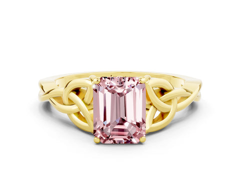 Yellow gold Emerald Cut Morganite Solitaire Celtic Knot Ring with Four-Prong Setting_12