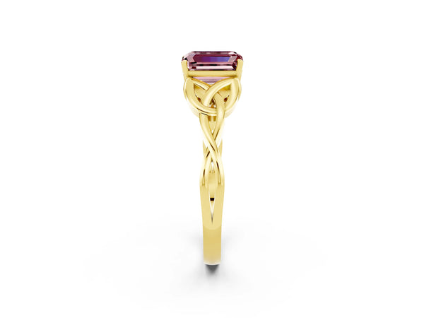 Yellow gold Emerald Cut Morganite Solitaire Celtic Knot Ring with Four-Prong Setting