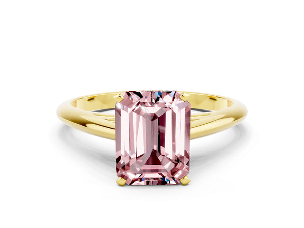 Yellow gold Emerald Cut Morganite Solitaire Engagement Ring with Cathedral Setting and Four-Prong Mount