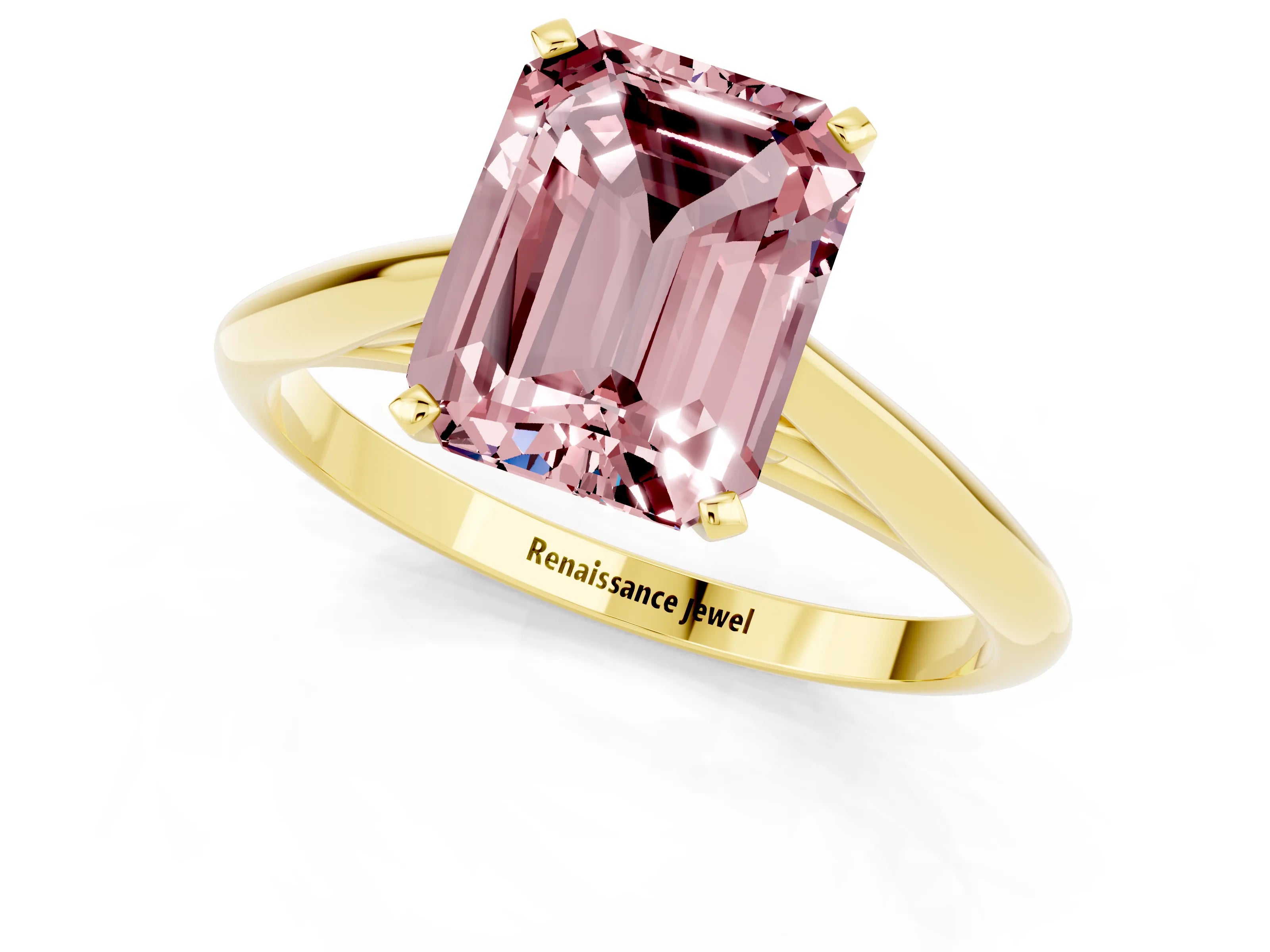 Yellow gold Emerald Cut Morganite Solitaire Engagement Ring with Cathedral Setting and Four-Prong Mount_13