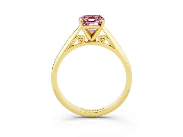Yellow gold Emerald Cut Morganite Solitaire Engagement Ring with Cathedral Setting and Four-Prong Mount