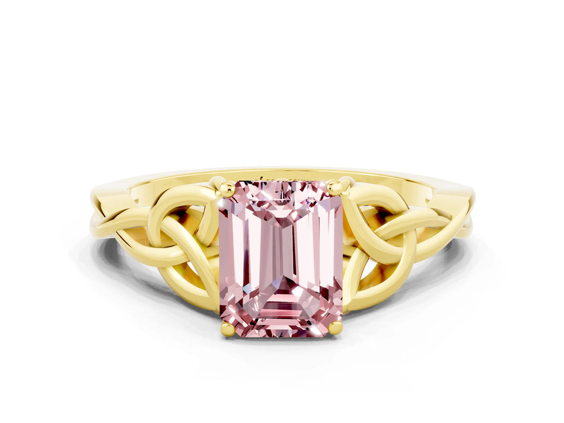 Yellow gold Emerald Cut Morganite Solitaire Engagement Ring with Celtic Knot Band and Four-Prong Setting
