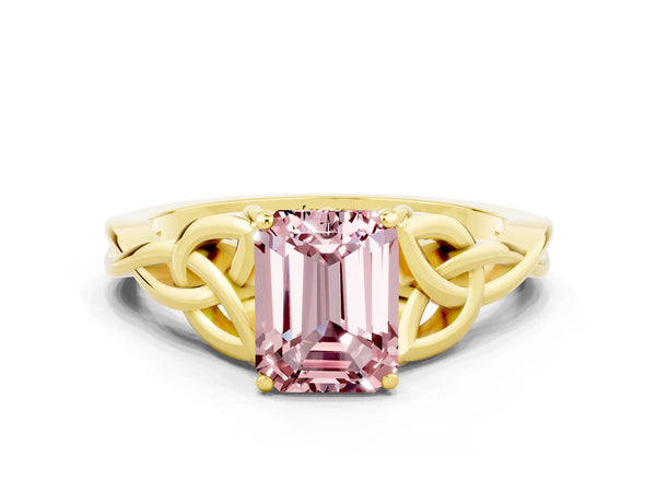 Yellow gold Emerald Cut Morganite Solitaire Engagement Ring with Celtic Knot Band and Four-Prong Setting
