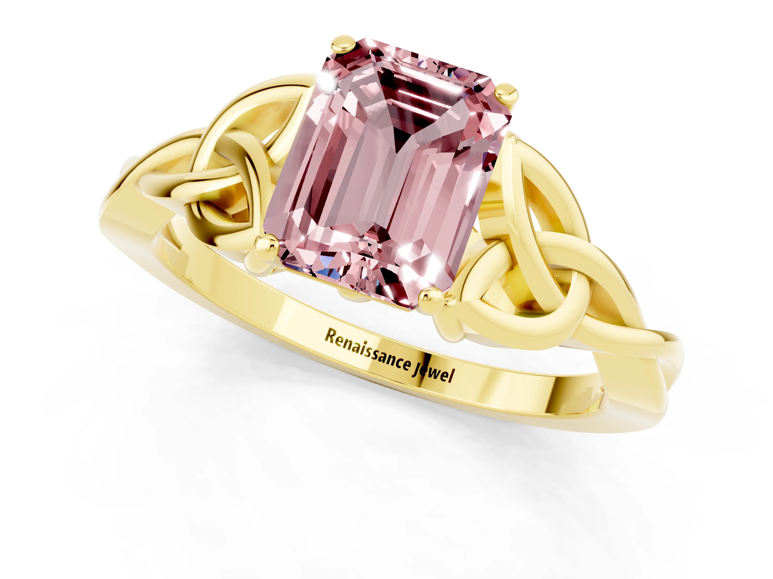 Yellow gold Emerald Cut Morganite Solitaire Engagement Ring with Celtic Knot Band and Four-Prong Setting_1