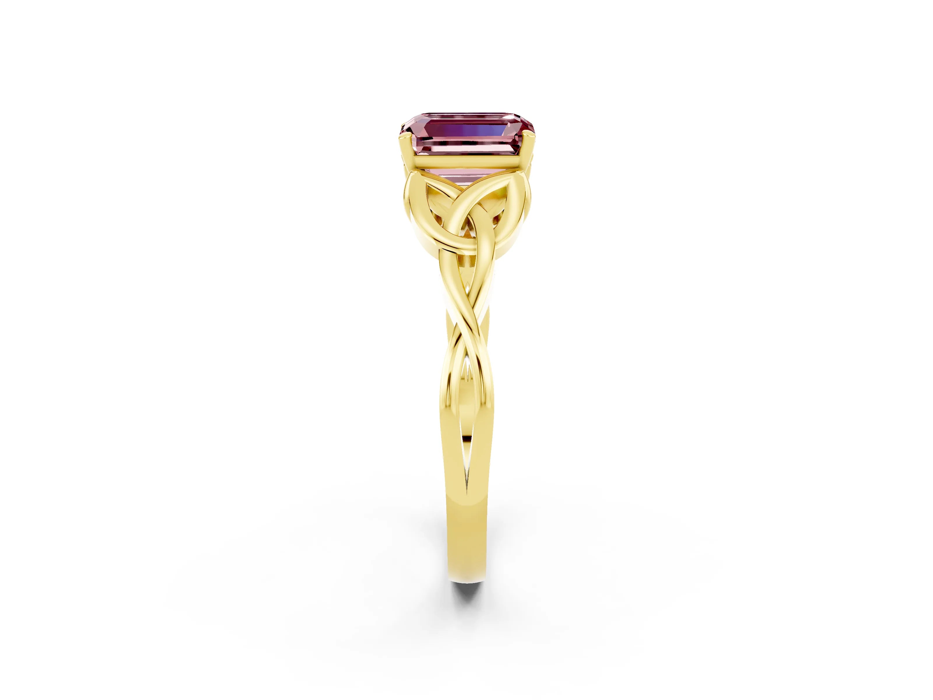 Yellow gold Emerald Cut Morganite Solitaire Engagement Ring with Celtic Knot Band and Four-Prong Setting_2