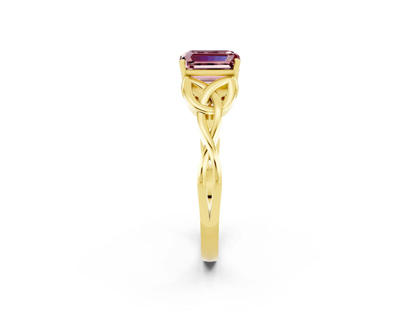 Yellow gold Emerald Cut Morganite Solitaire Engagement Ring with Celtic Knot Band and Four-Prong Setting